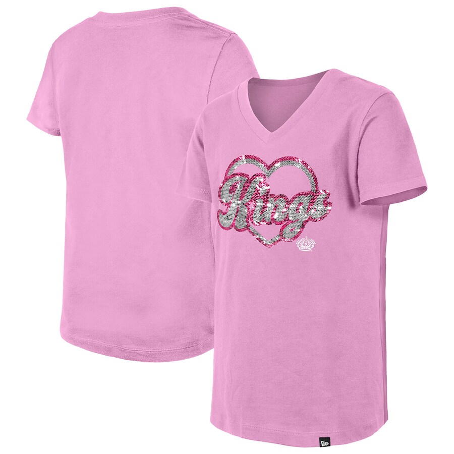 Girl's Youth Los Angeles Kings New Era Pink Flip Sequin V-Neck T-Shirt