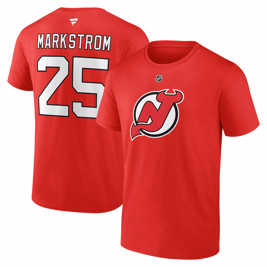 Men's New Jersey Devils Jacob Markstrom Fanatics Red Authentic Stack Name & Number T-Shirt
