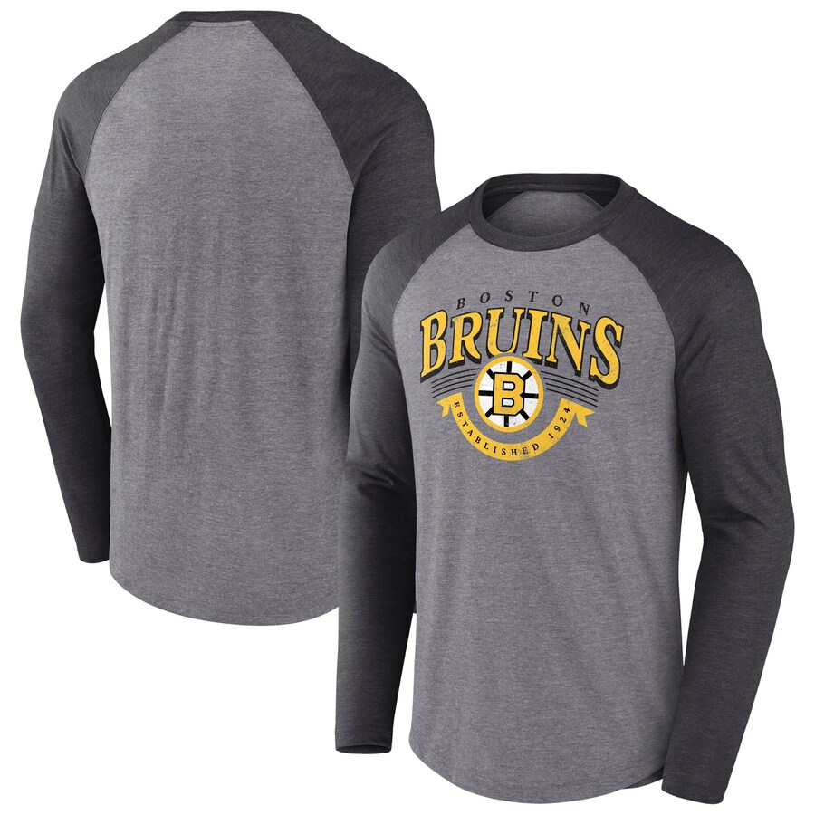 Men's Boston Bruins Fanatics Heather Gray/Heather Charcoal Goal Crease Raglan Tri-Blend Long Sleeve T-Shirt