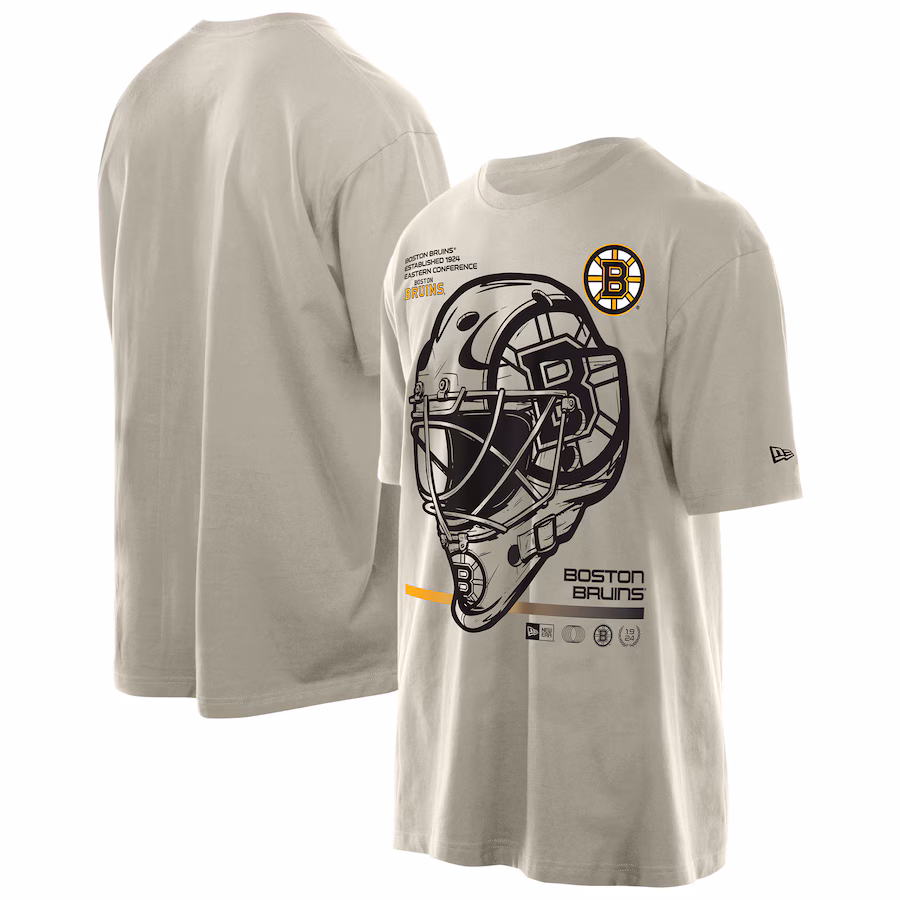 Men's Boston Bruins New Era Tan Goalie Mask T-Shirt
