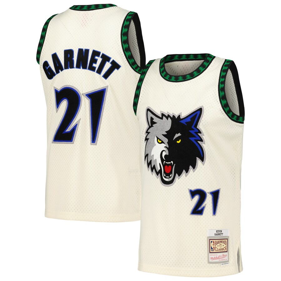 Men's Minnesota Timberwolves Kevin Garnett Mitchell & Ness Cream Chainstitch Swingman Jersey