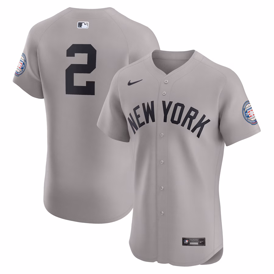 Men's New York Yankees Derek Jeter Nike Gray Road 2020 Hall of Fame Induction Patch Elite Player Jersey