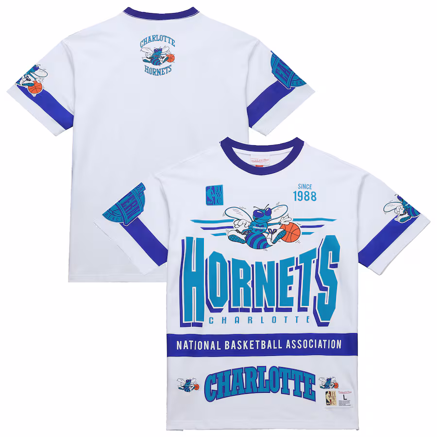 Unisex Charlotte Hornets  Mitchell & Ness White Hardwood Classics Vintage Team Origins Premium T-Shirt