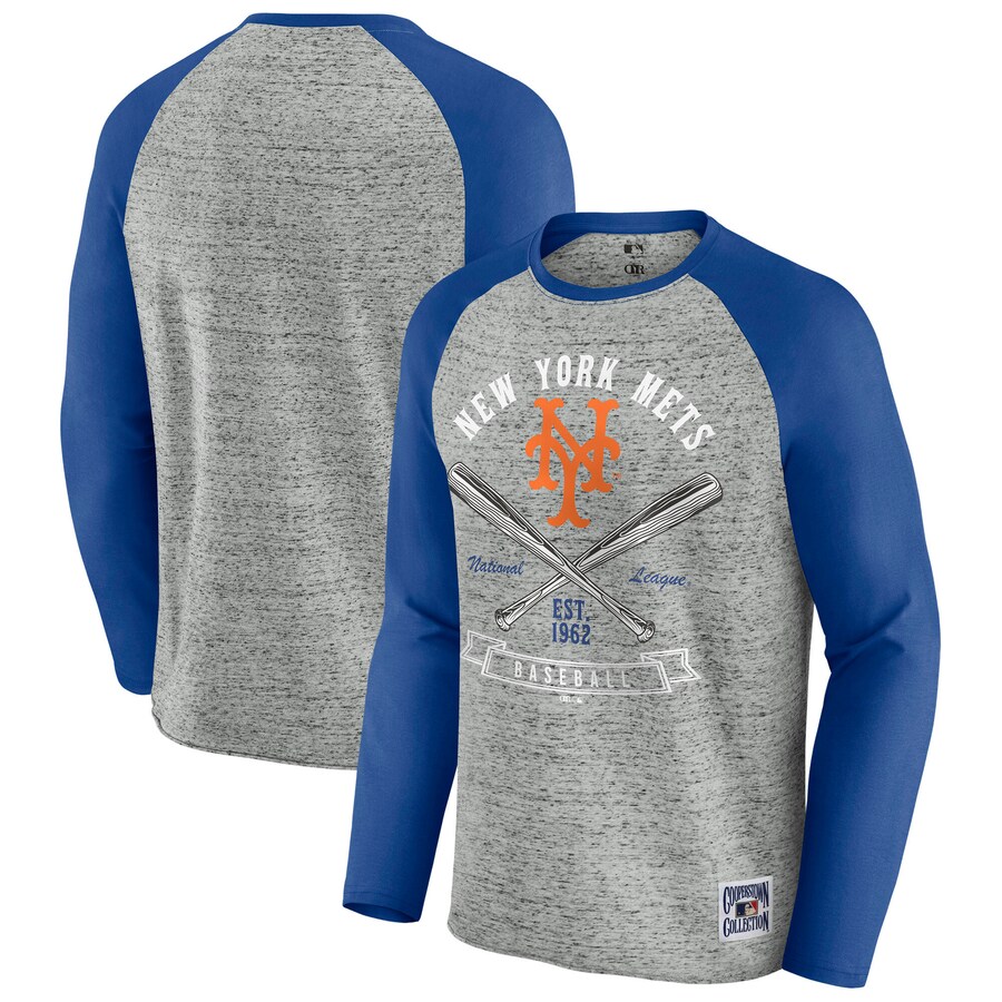 Men's New York Mets Darius Rucker Collection by Fanatics Heather Gray Raw Edge Raglan Long Sleeve Baseball T-Shirt