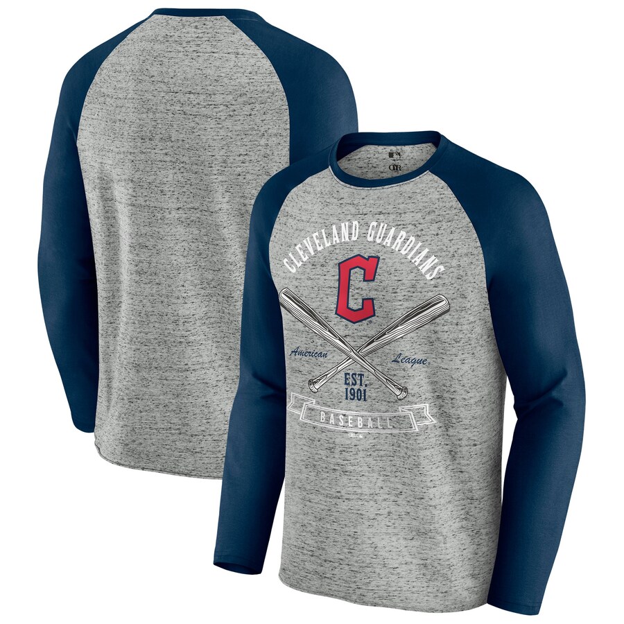 Men's Cleveland Guardians Darius Rucker Collection by Fanatics Heather Gray Raw Edge Raglan Long Sleeve Baseball T-Shirt