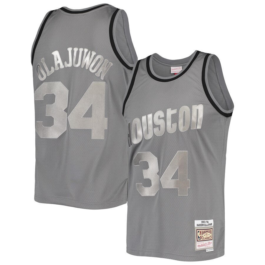 Men's Houston Rockets Hakeem Olajuwon Mitchell & Ness Charcoal Hardwood Classics Retired Player 1993/94 Metal Works Swingman Jersey