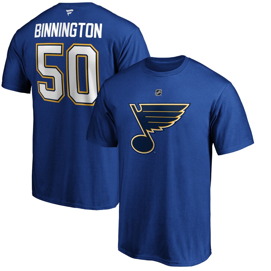Men's St. Louis Blues Jordan Binnington Fanatics Blue Team Authentic Stack Name & Number T-Shirt