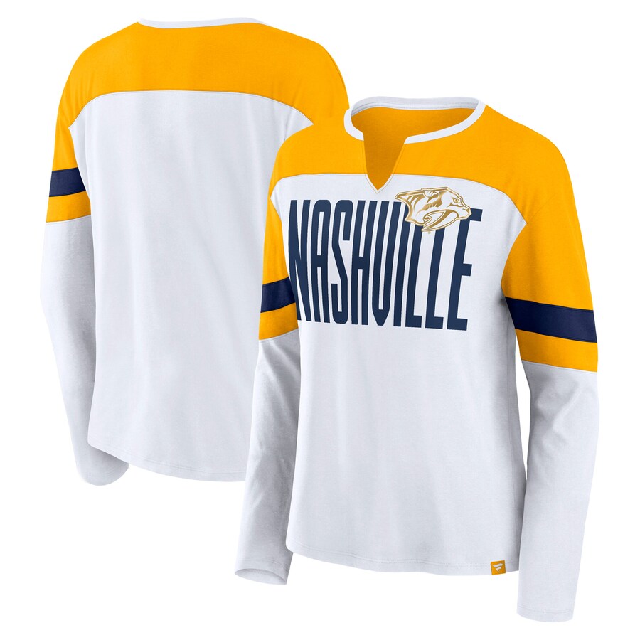 Women's Nashville Predators Fanatics White/Gold Frozen Long Sleeve Notch Neck T-Shirt