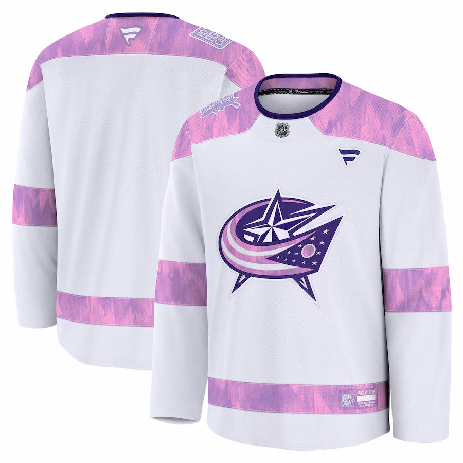 Men's Columbus Blue Jackets Fanatics White 2024 Hockey Fights Cancer Practice Jersey
