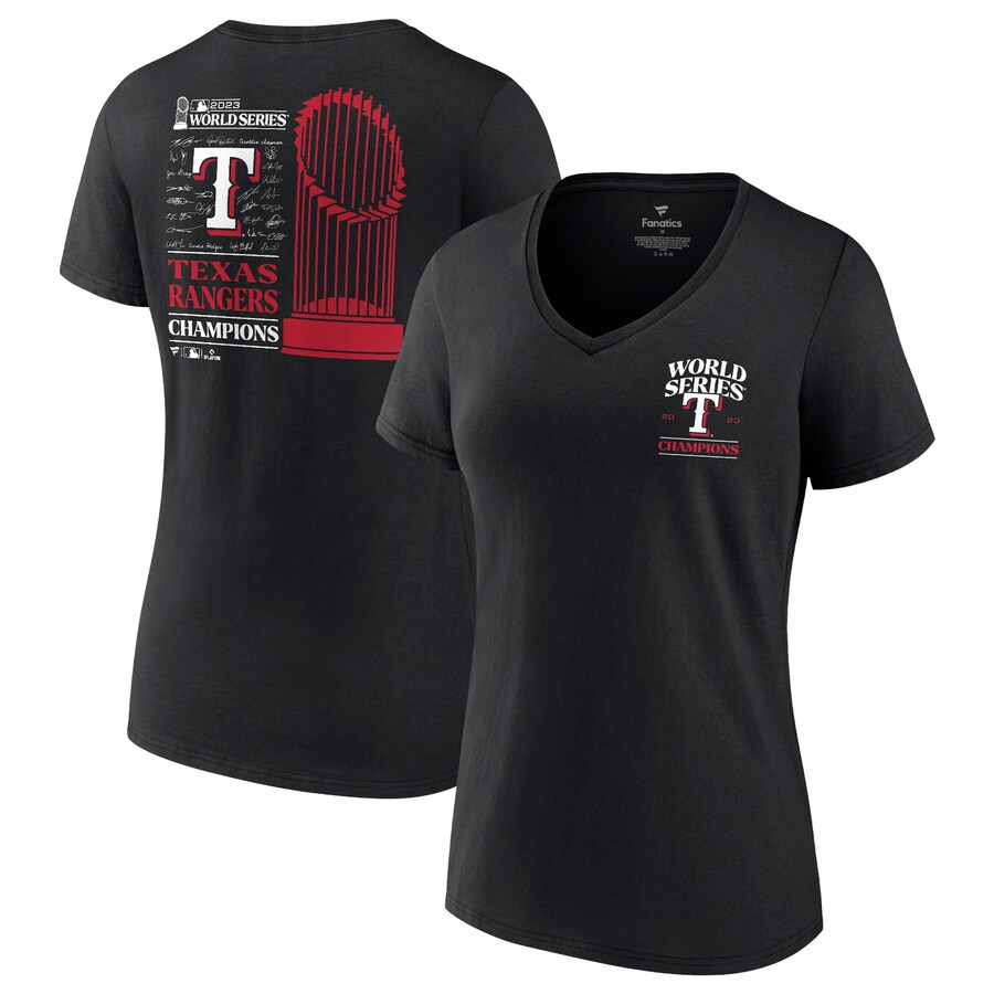 Women's Texas Rangers Fanatics Black 2023 World Series Champions Signature Roster V-Neck T-Shirt