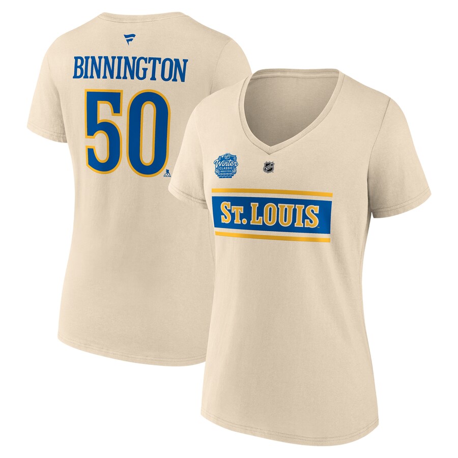 Women's St. Louis Blues Jordan Binnington Fanatics Cream 2025 NHL Winter Classic Authentic Stack Name & Number V-Neck T-Shirt