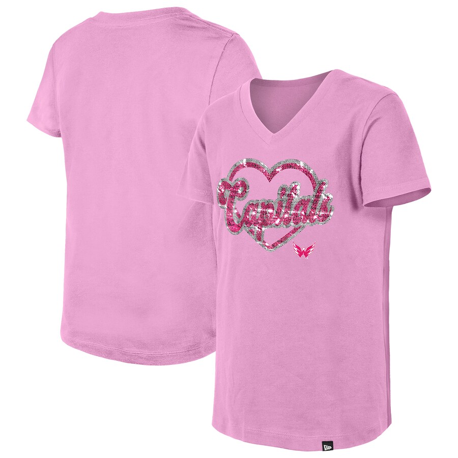 Girl's Youth Washington Capitals New Era Pink Flip Sequin V-Neck T-Shirt