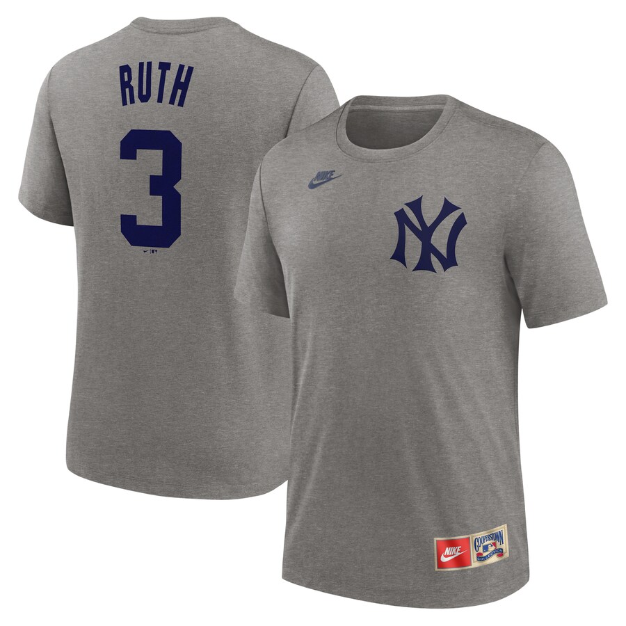 Men's New York Yankees Babe Ruth Nike Heather Gray Cooperstown Collection Tri-Blend Name & Number T-Shirt