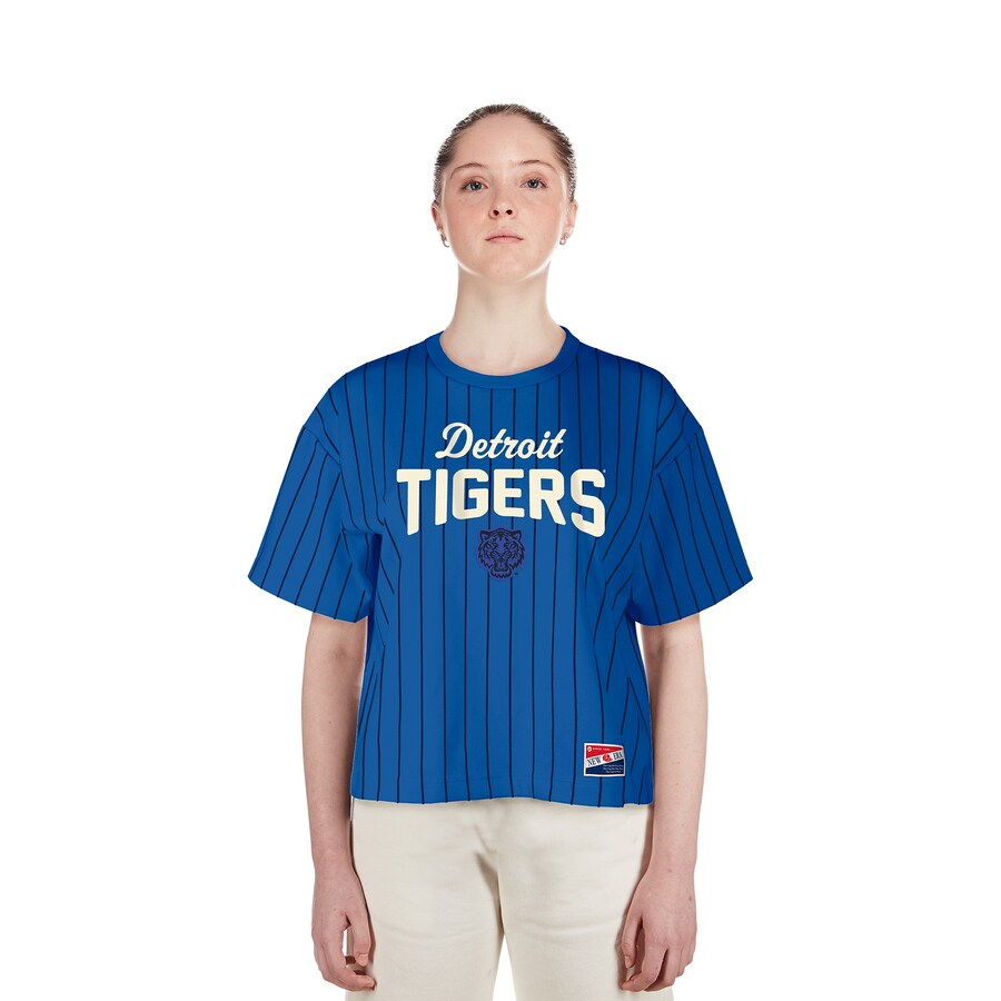 Women's Detroit Tigers New Era Blue City Connect Multiplier Pinstripe Cropped T-Shirt