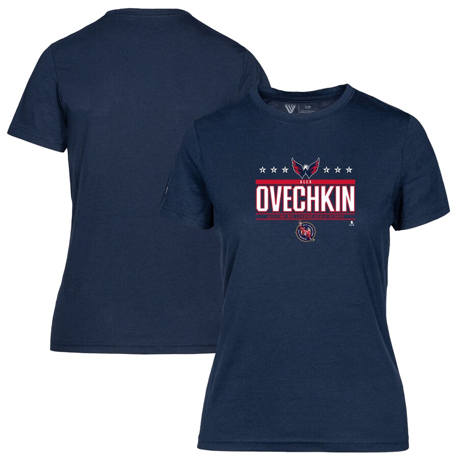Women's Washington Capitals Alexander Ovechkin Levelwear Navy NHL All-Time Leading Goal Scorer Milestone Stars Name & Number Maddox T-Shirt
