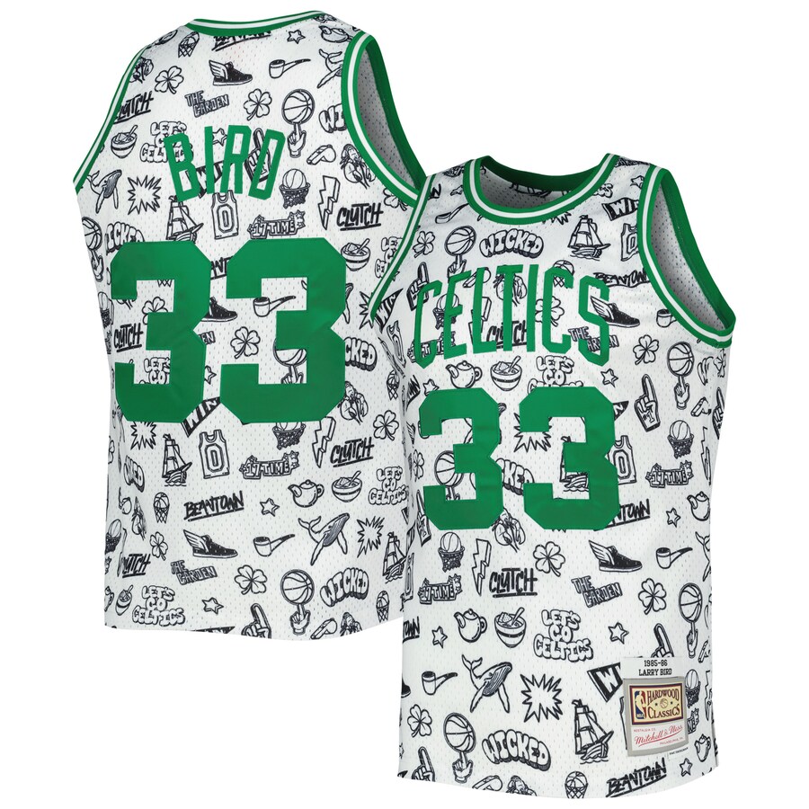 Men's Boston Celtics Larry Bird Mitchell & Ness White 1985/86 Hardwood Classics Doodle Swingman Jersey