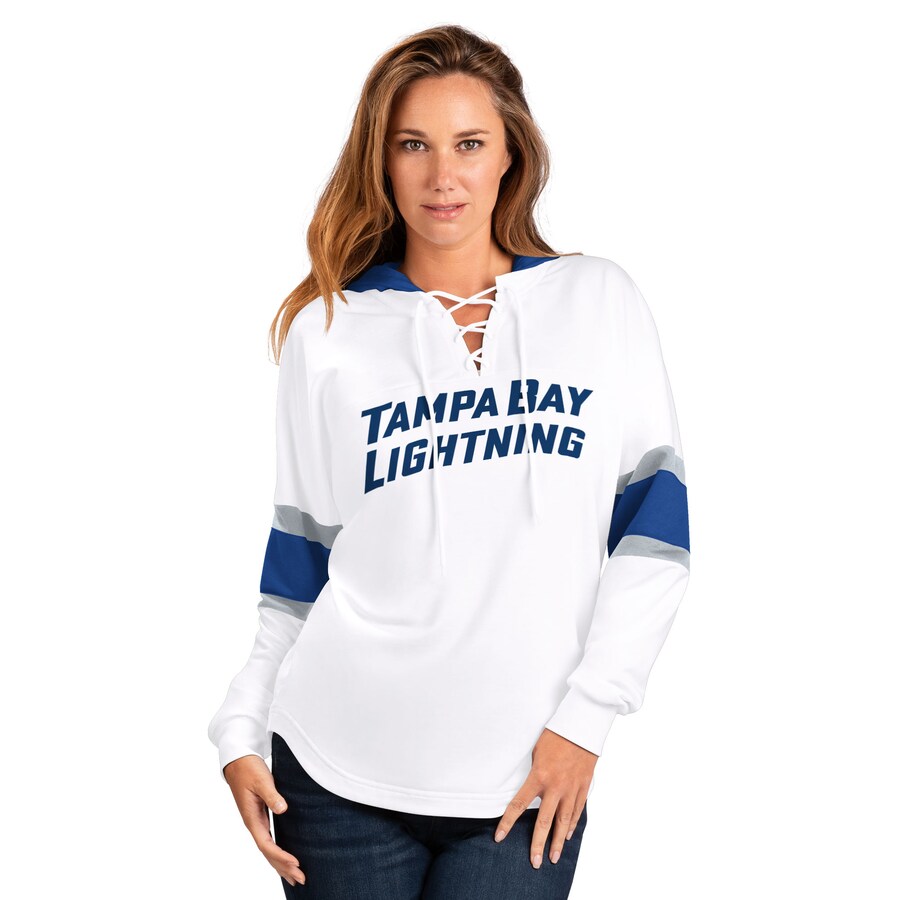 Women's Tampa Bay Lightning G-III 4Her by Carl Banks White/Blue Goal Zone Long Sleeve Lace-Up Hoodie T-Shirt