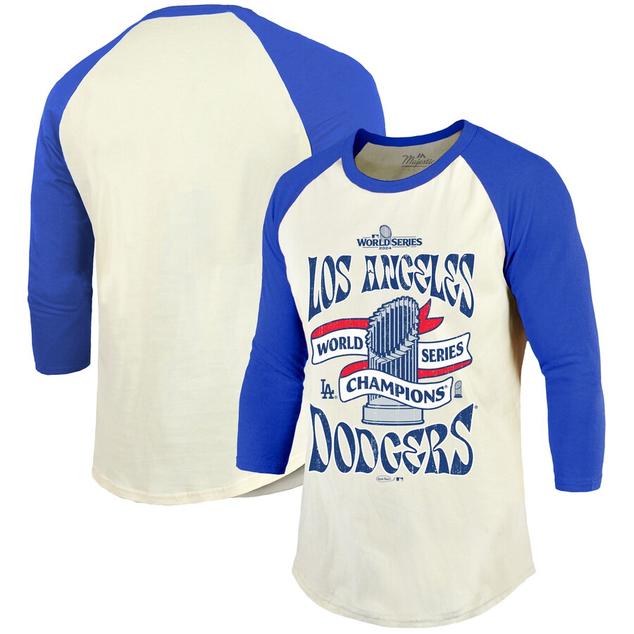 Men's Los Angeles Dodgers Majestic Threads Cream/Royal 2024 World Series Champions 3/4-Sleeve Raglan Tri-Blend T-Shirt