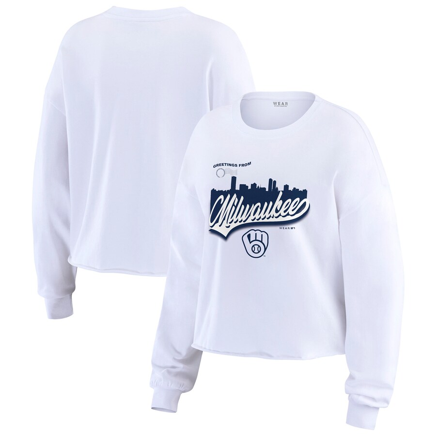 Women's Milwaukee Brewers WEAR by Erin Andrews White Domestic Postcard Long Sleeve T-Shirt