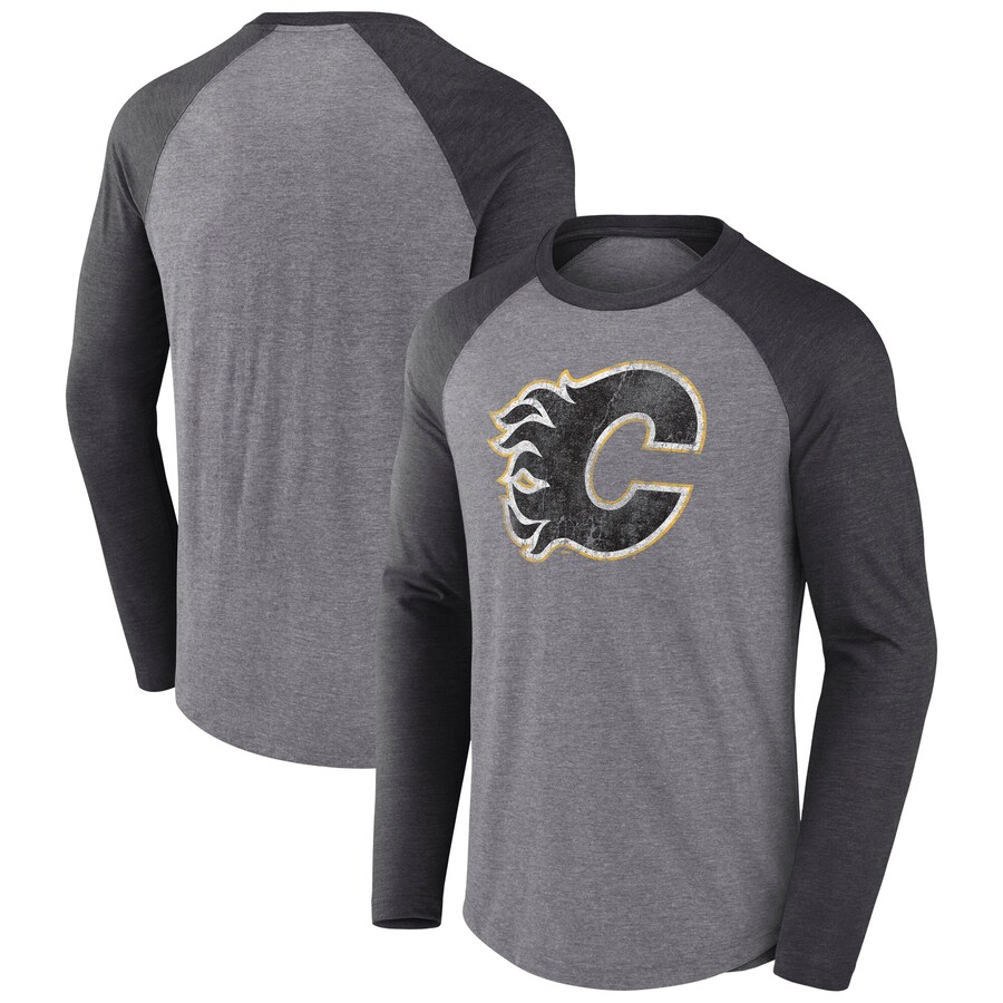 Men's Calgary Flames Fanatics Heather Gray Special Edition Long Sleeve Tri-Blend Raglan T-Shirt