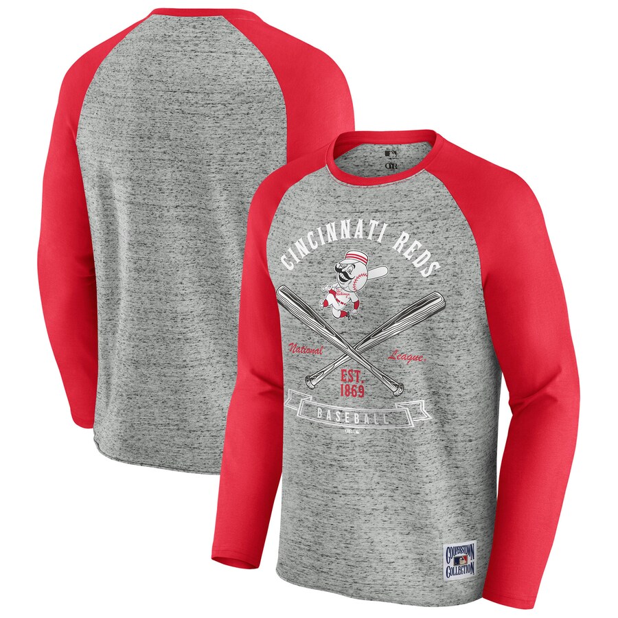 Men's Cincinnati Reds Darius Rucker Collection by Fanatics Heather Gray Raw Edge Raglan Long Sleeve Baseball T-Shirt