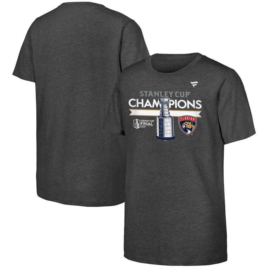 Youth Florida Panthers Fanatics Heather Charcoal 2024 Stanley Cup Champions Locker Room T-Shirt