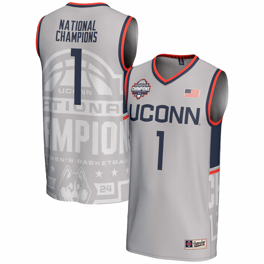 Youth GameDay Greats  Gray UConn Huskies 2024 NCAA Men's Basketball National Champions Lightweight Fashion Jersey