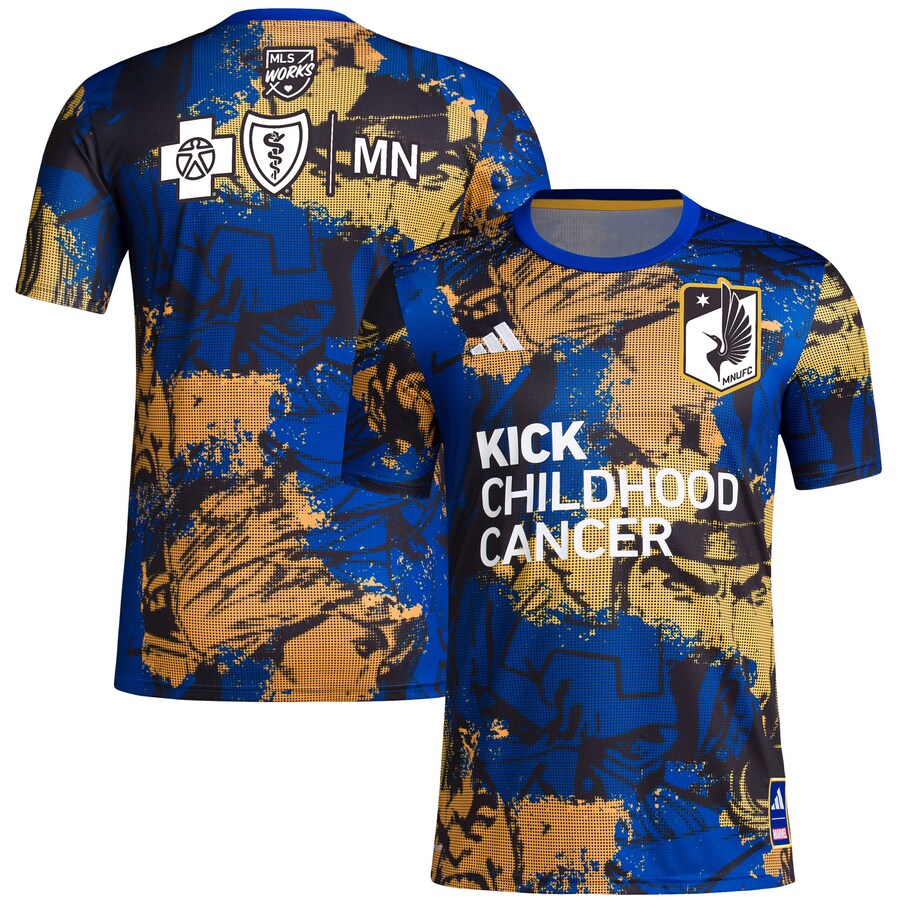 Men's Minnesota United FC adidas Royal 2023 MLS Works Kick Childhood Cancer x Marvel Pre-Match Top