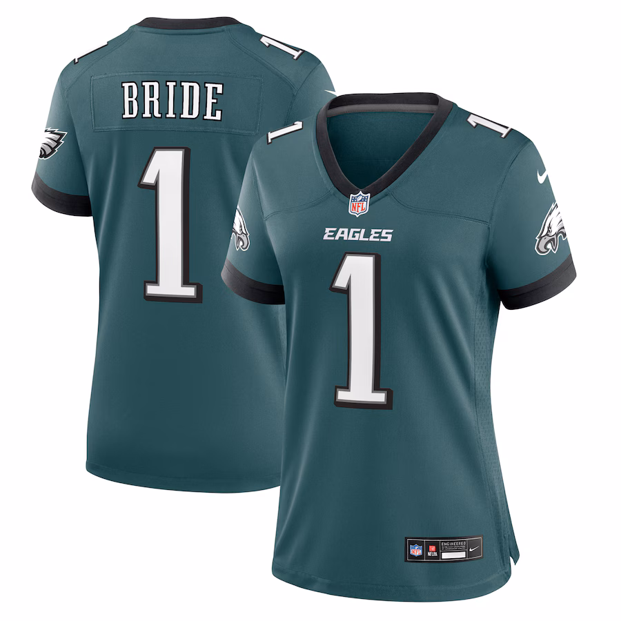 Women's Philadelphia Eagles Number 1 Bride Nike Midnight Green Game Jersey