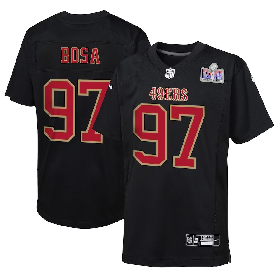 Youth San Francisco 49ers Nick Bosa Nike Black Super Bowl LVIII Patch Carbon Fashion Game Jersey
