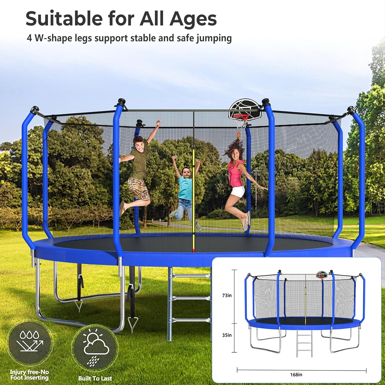 Upgraded Backyard Trampoline with Hoop, Light, Sprinkler, 8–14FT