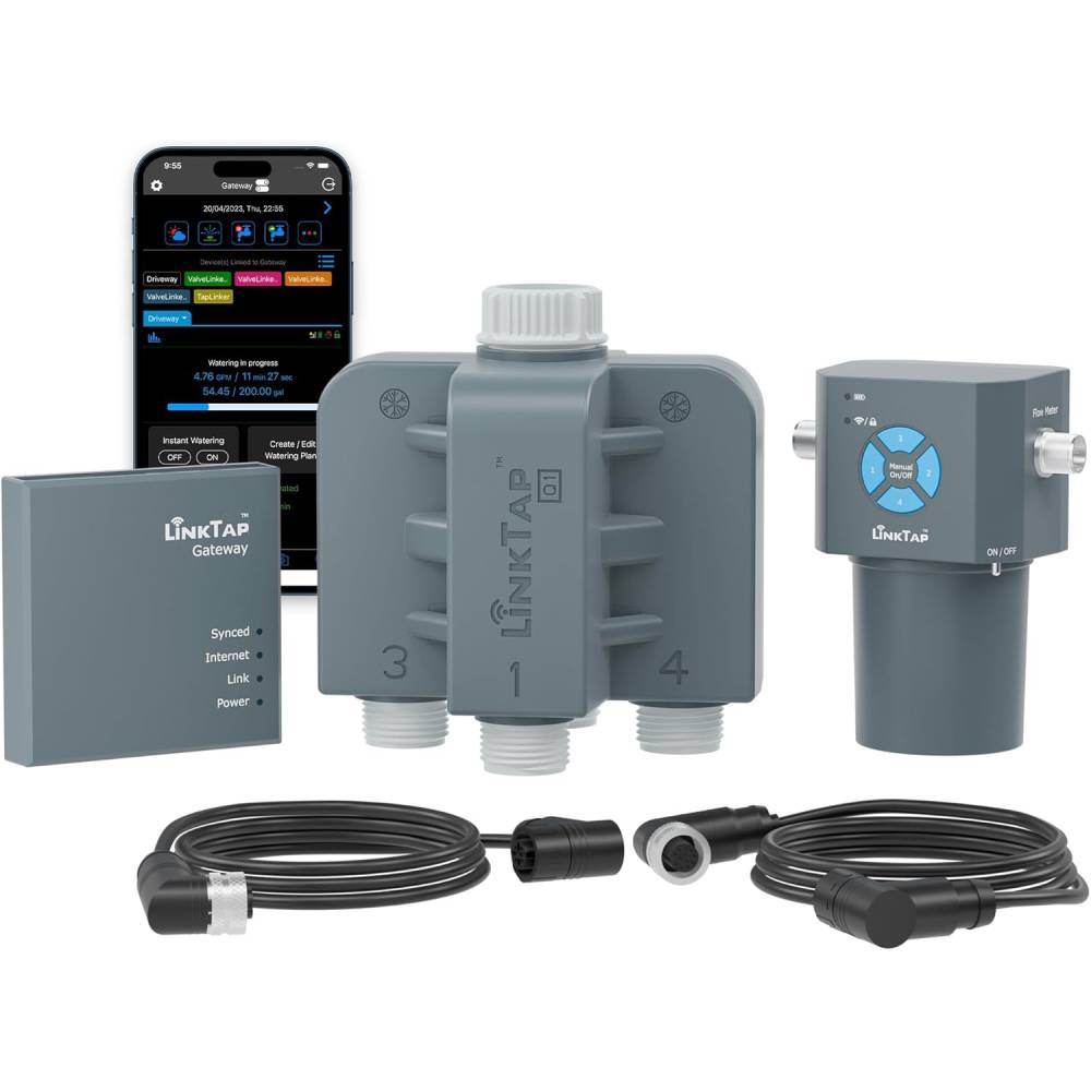 LinkTap Q1 Wireless 4-Zone Water Timer & Gateway with Flow Meters