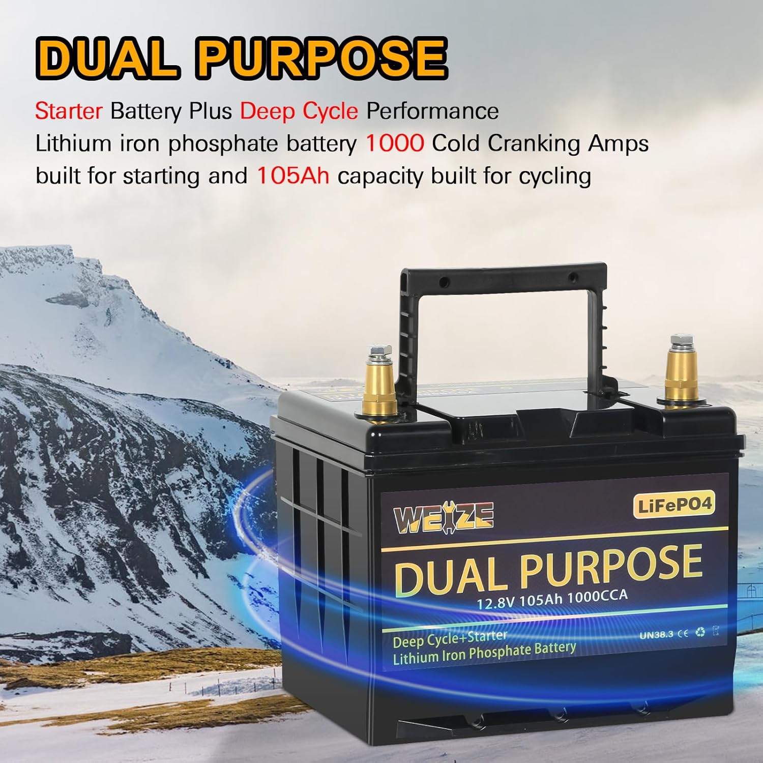 WEIZE 12V 105AH LiFePO4 Battery, Dual Purpose, Smart BMS