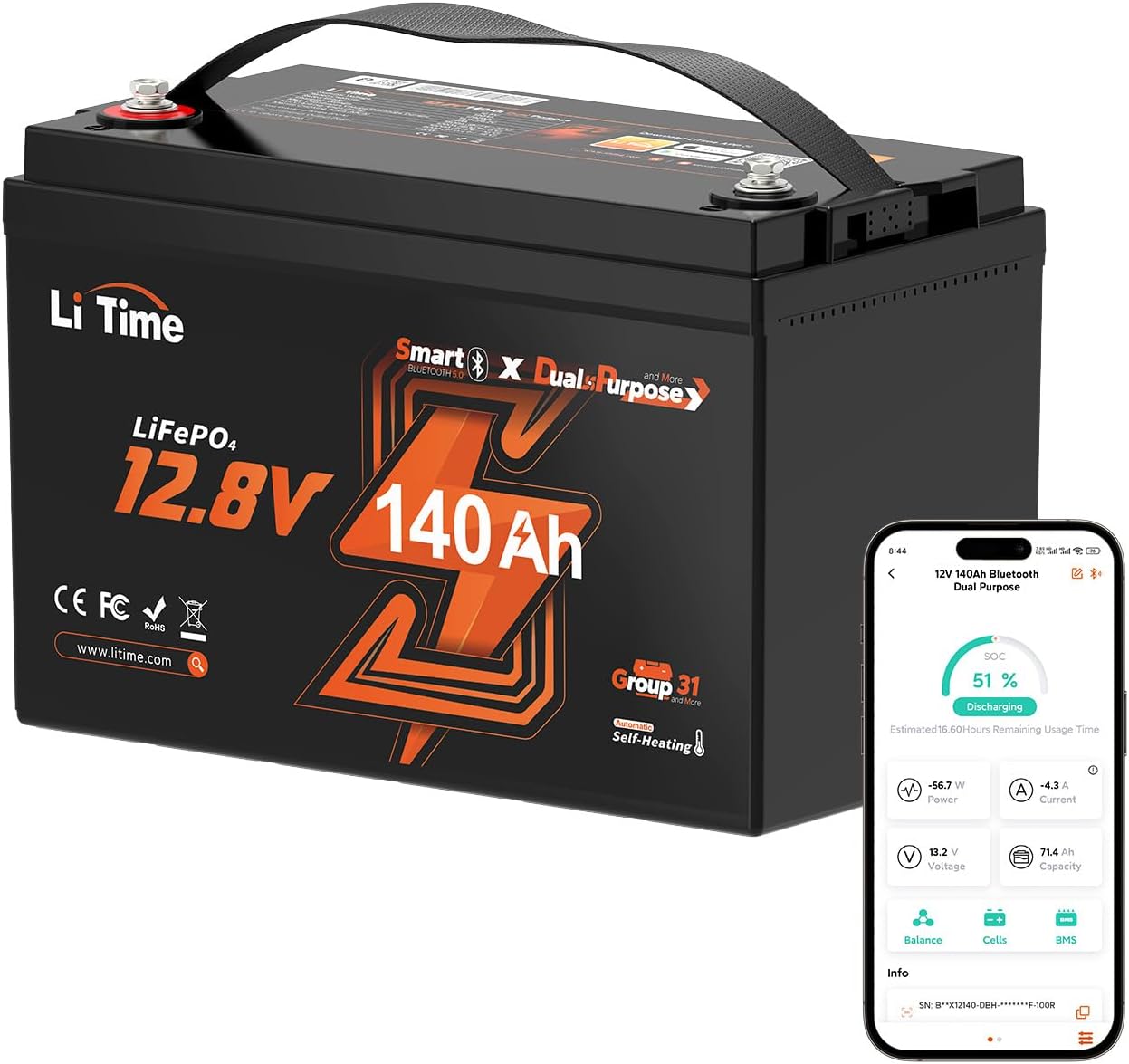 Litime 12V 140Ah Marine Battery, Bluetooth, 1000 CCA