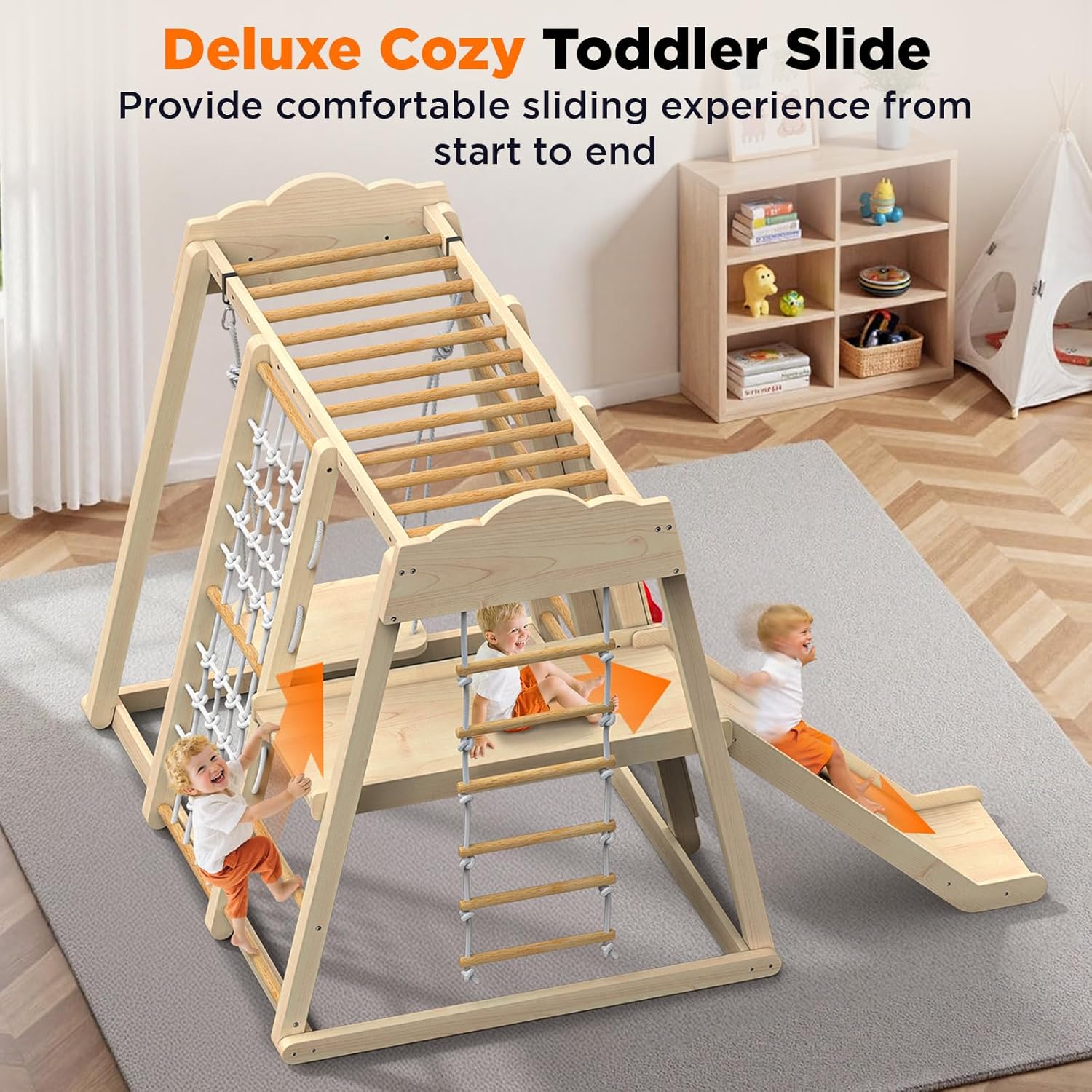 8-in-1 Indoor Wooden Jungle Gym with Slide, Swing & Monkey Bars