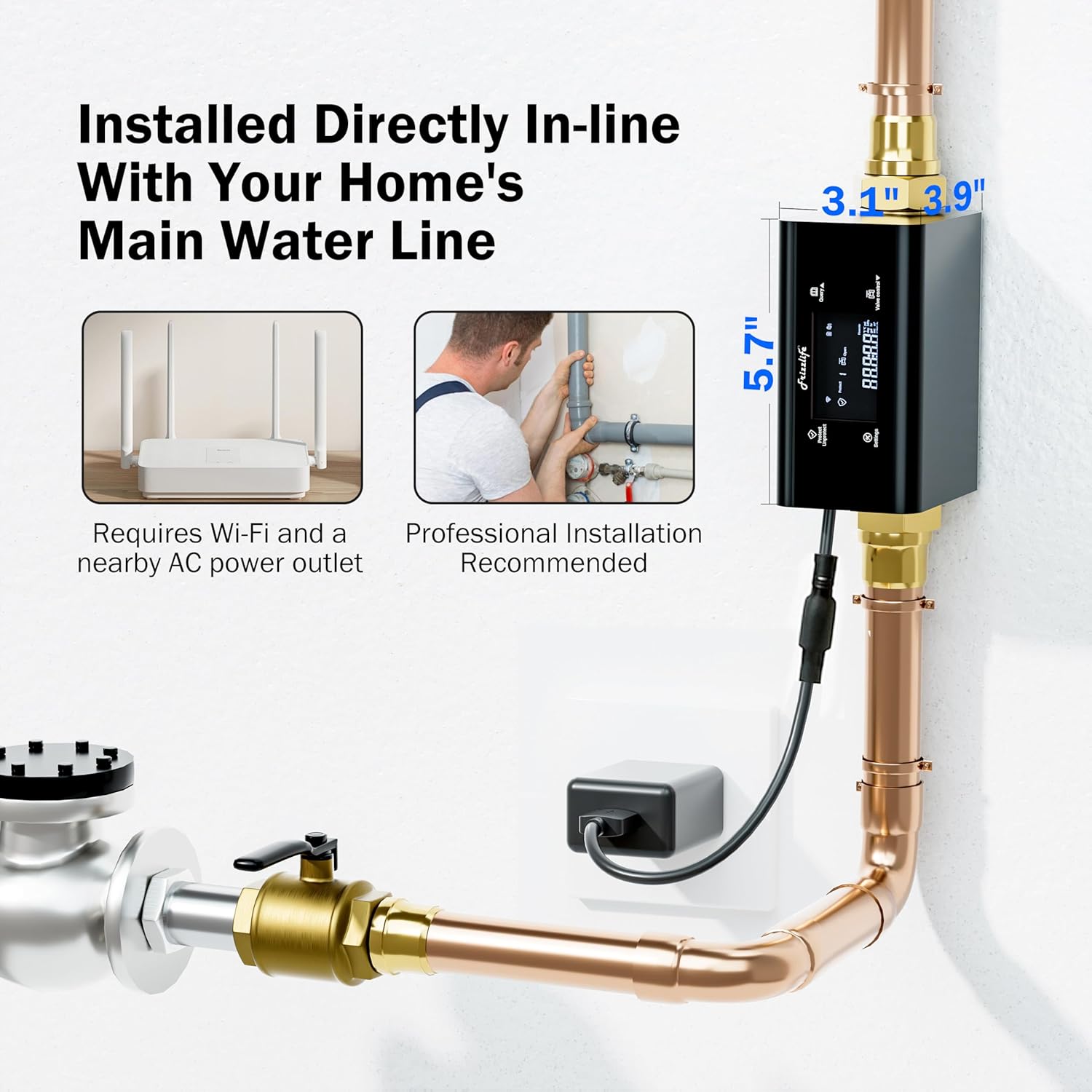 Frizzlife LP365 Smart Water Monitor with Leak Detection, Wi-Fi