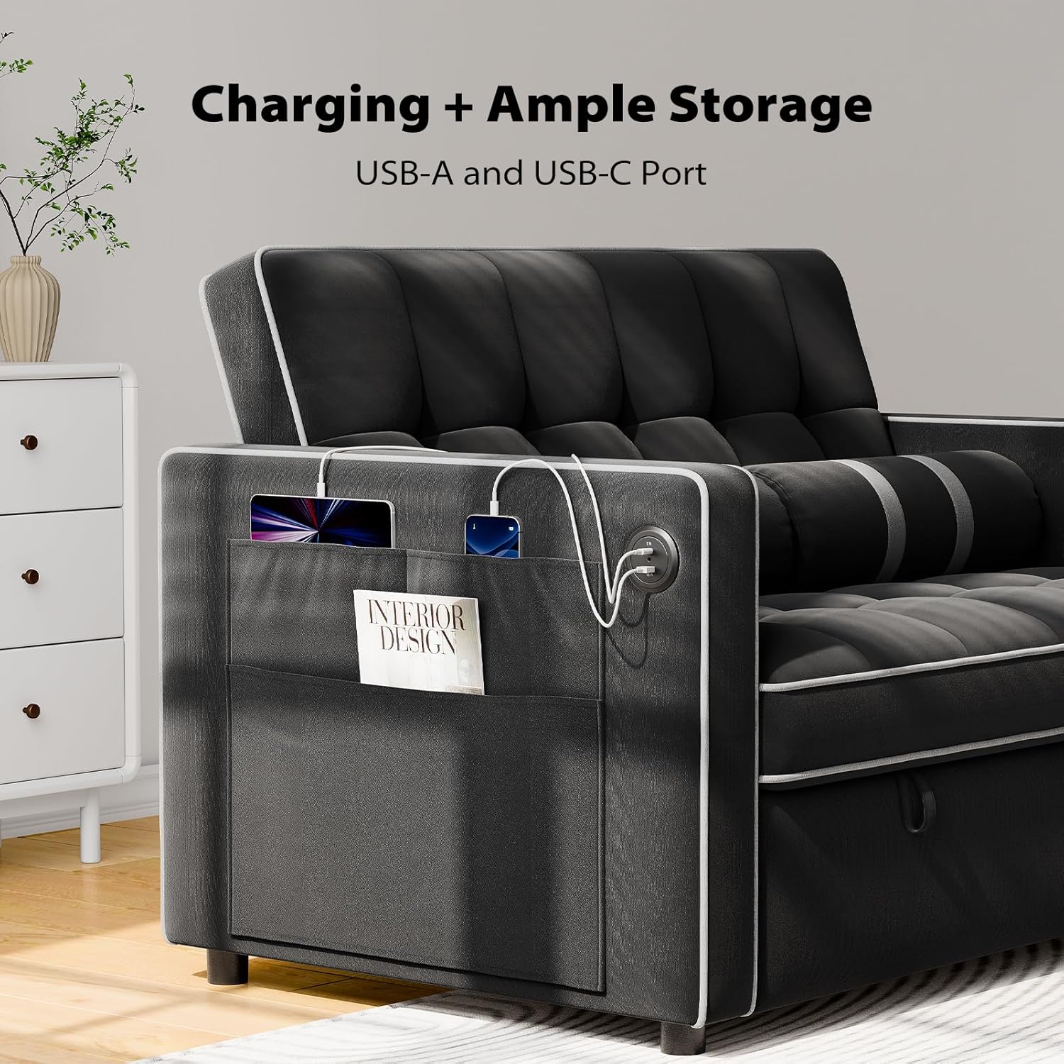 Pipishell 3-in-1 Sleeper Sofa Bed with USB & Side Pockets, Black