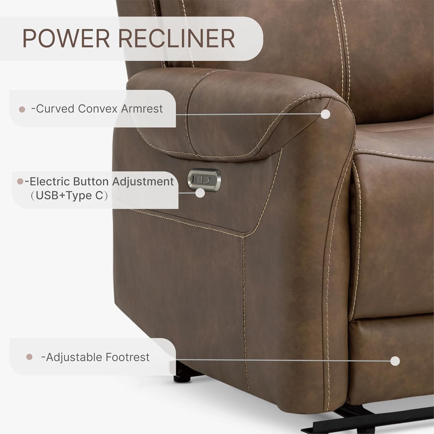 Leather Recliner Chair with USB, Wall Hugger, Electric Power