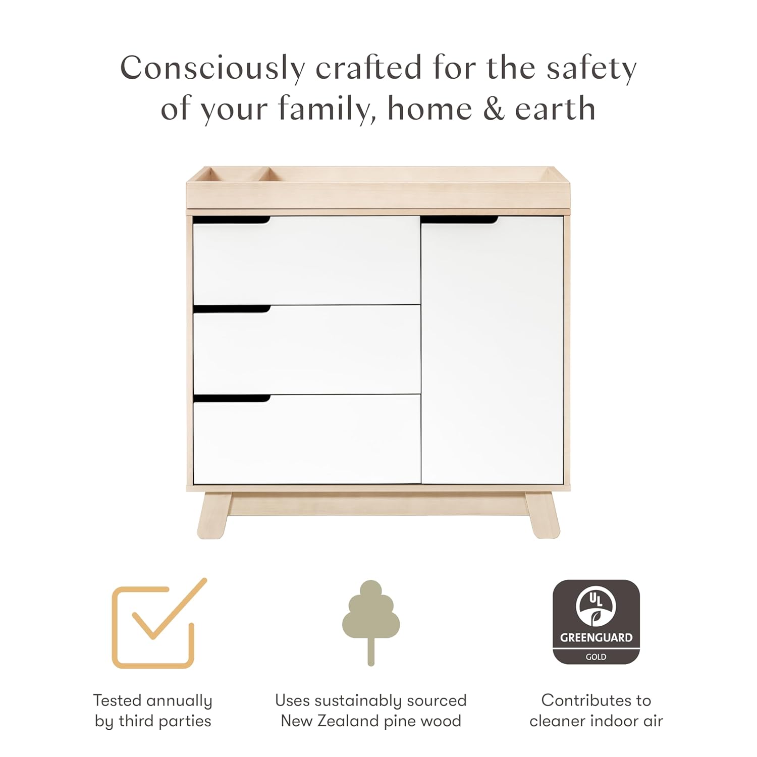 Babyletto Hudson 3-Drawer Dresser with Changing Tray, Natural/White