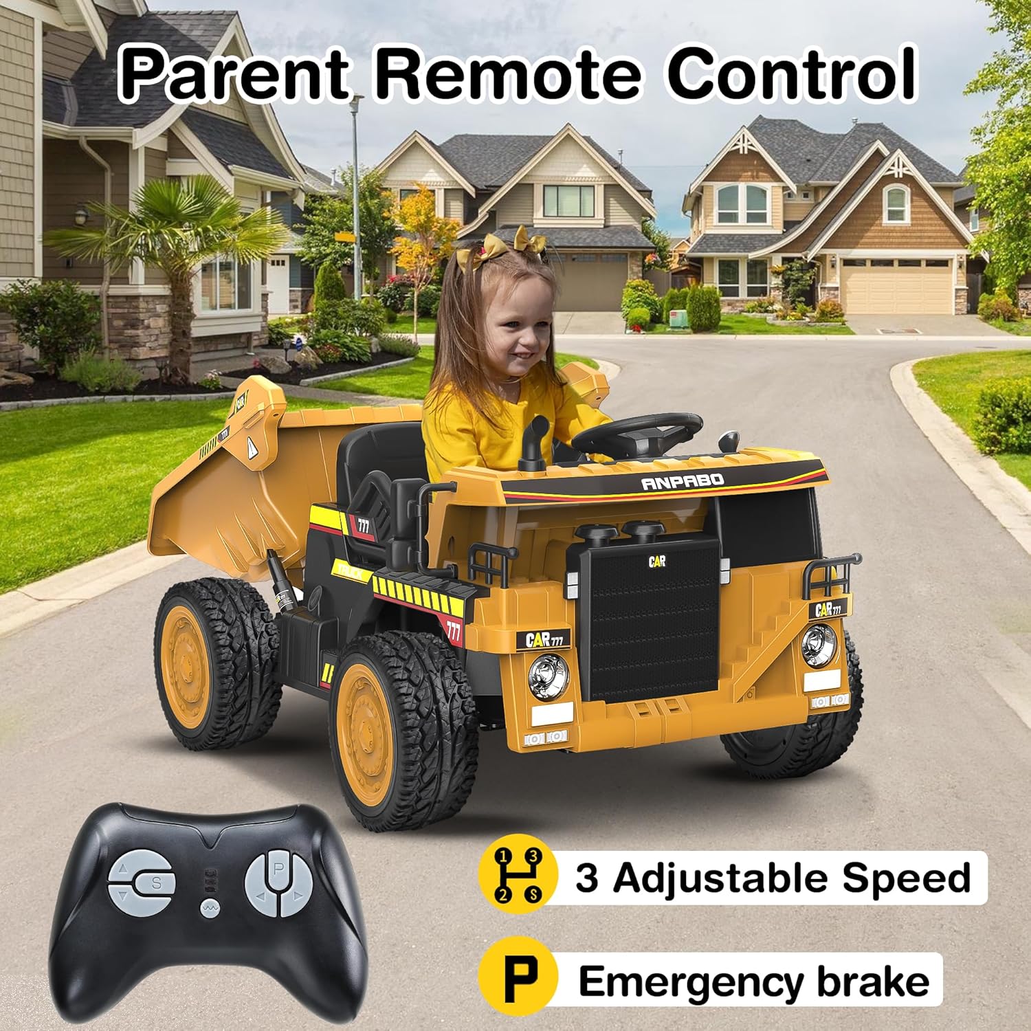 ANPABO 24V Ride-On Dump Truck, 2x75W Motors, Remote, Yellow