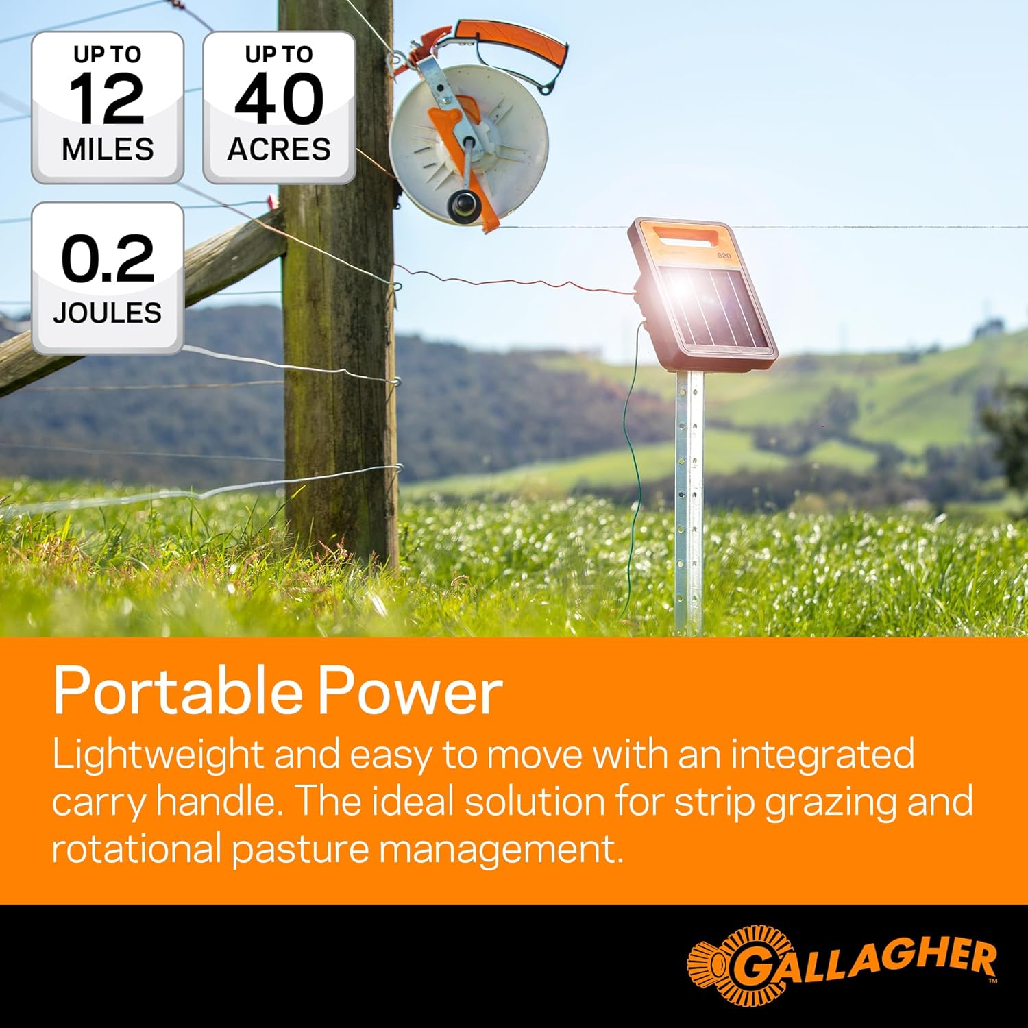 Gallagher S20 Solar Fence Charger, Powers 2 Miles, 0.2 Joule, Lithium Battery