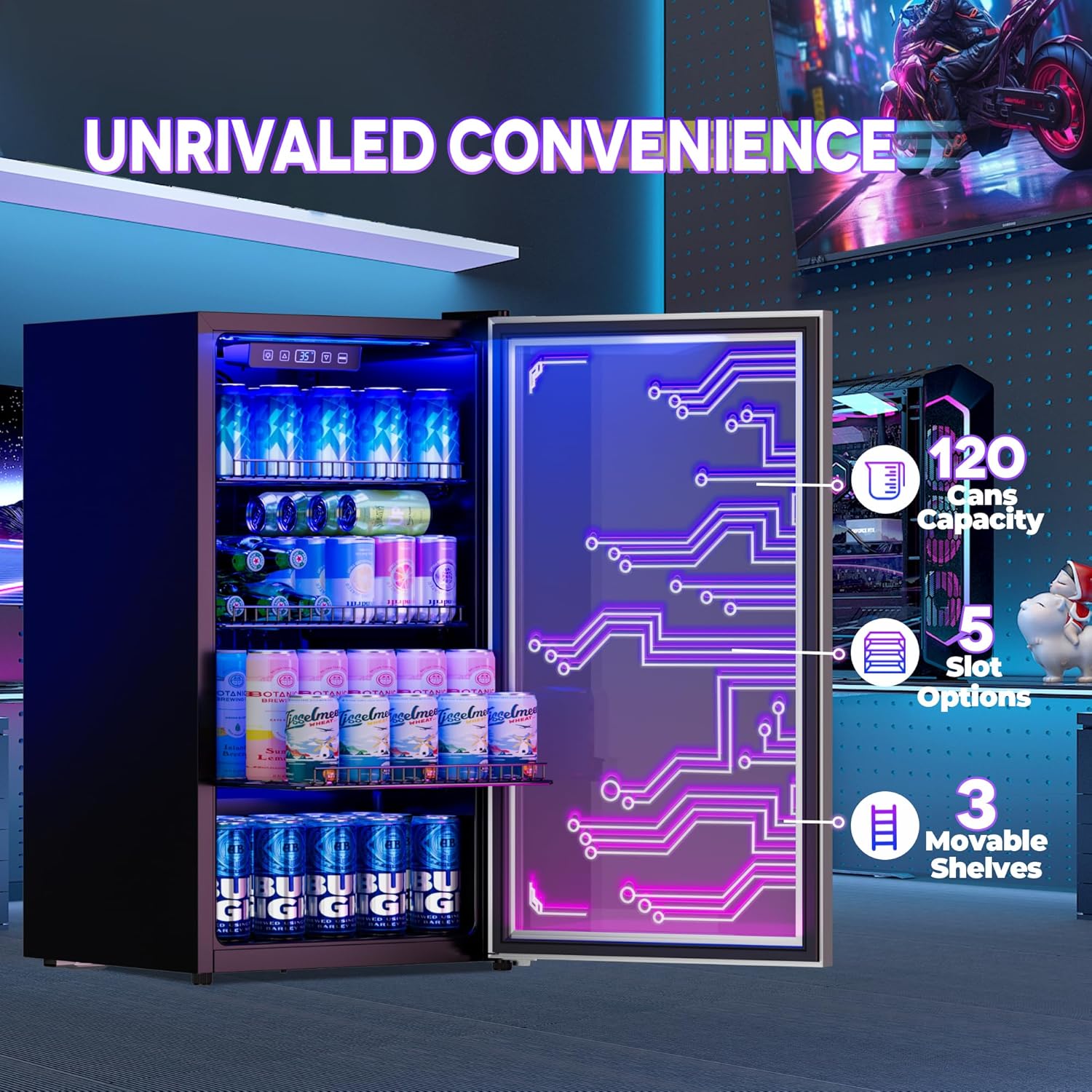 Gaming LED Beverage Refrigerator, 120 Cans, Cyberpunk Style
