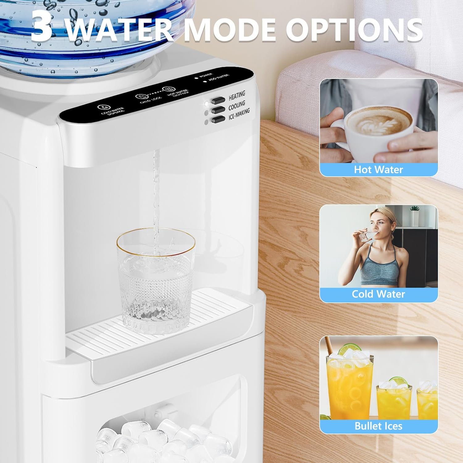 COWSAR 3-in-1 Water Cooler with Ice Maker, Hot/Cold, Top Loading