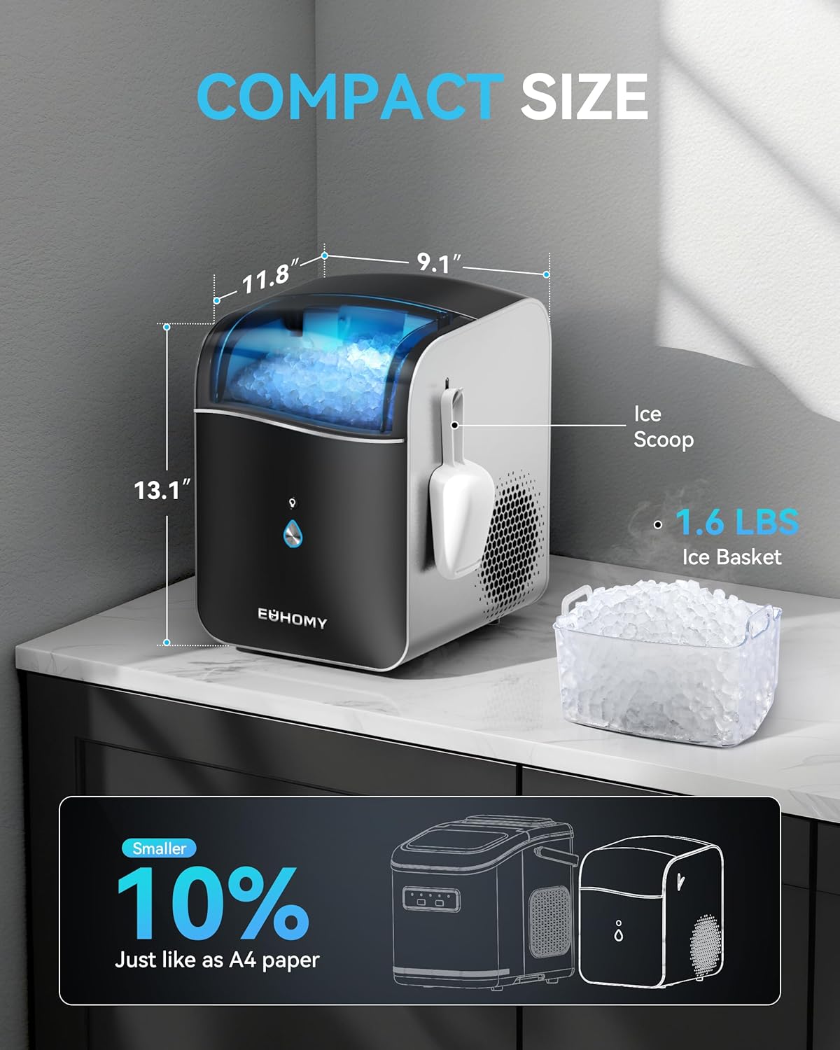 EUHOMY Smart Nugget Ice Maker, 40lbs/Day, APP Control, Countertop