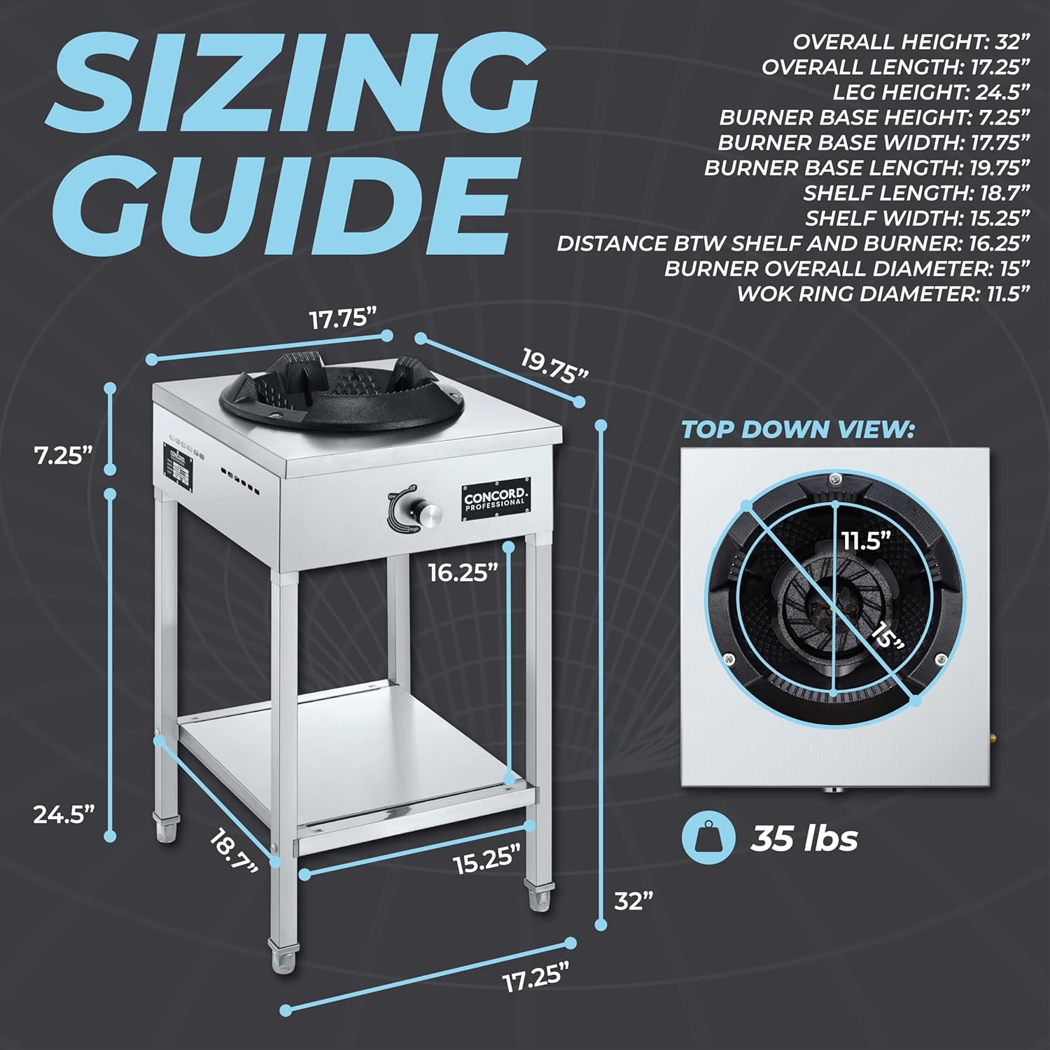 Concord Vortex Burner Stainless Steel Wok Range, Single Propane Burner for Outdoor Stir Fry