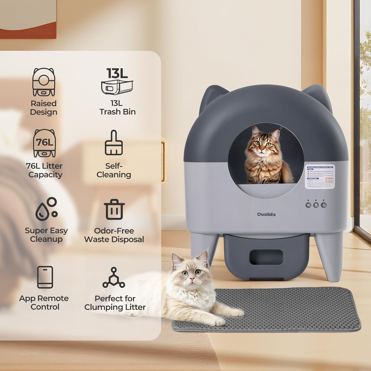 Extra Large Self-Cleaning Cat Litter Box, Smart Sensors, Odor-Free