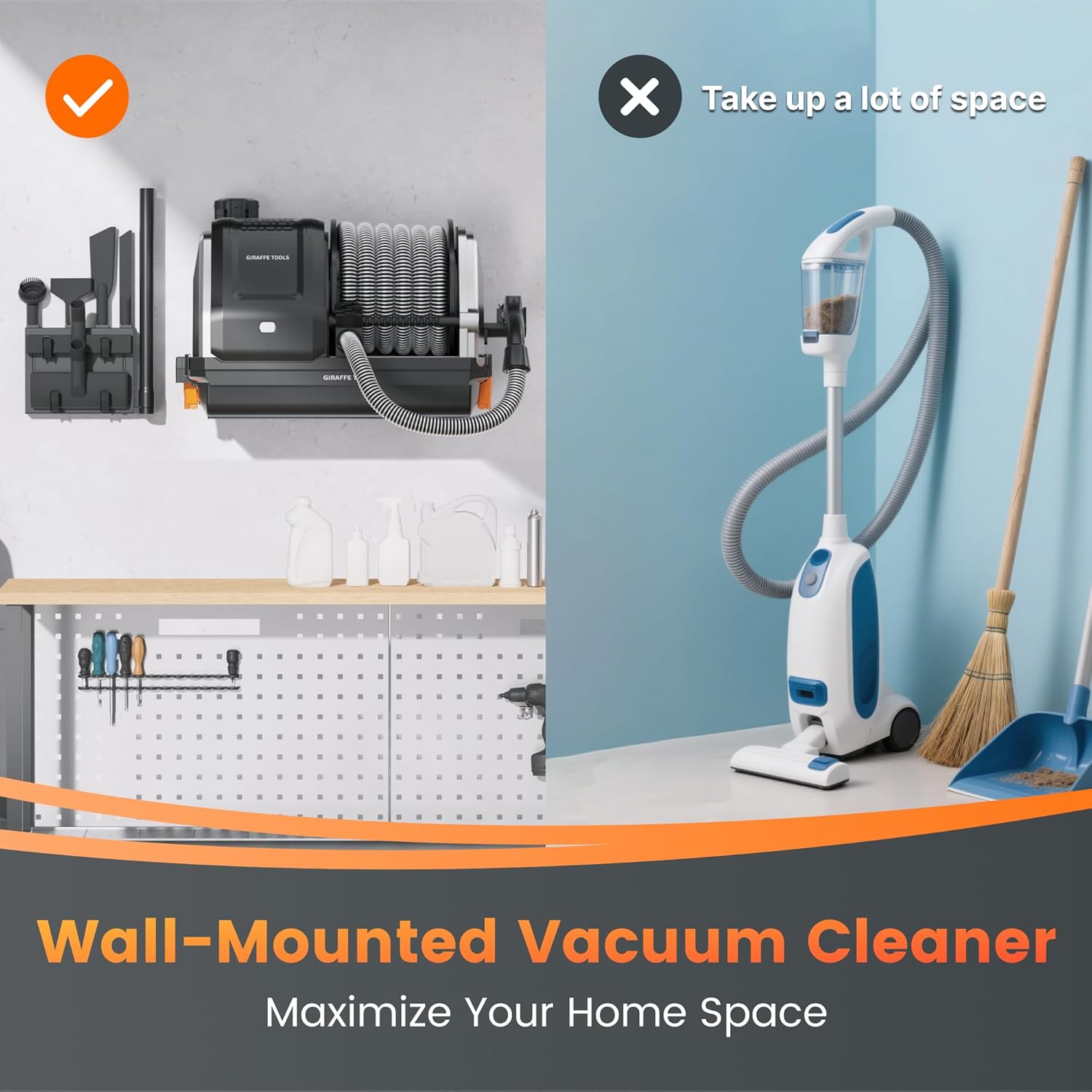 Giraffe Tools Grandstorm Wall Vacuum Cleaner, 30FT Hose, Grey