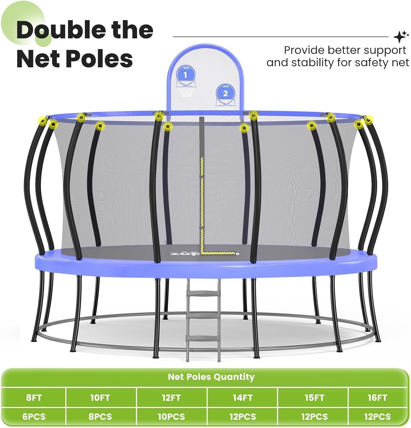 Zupapa 2025 Trampoline with Net, 1800lb Capacity, 12–16FT, No-Gap Design