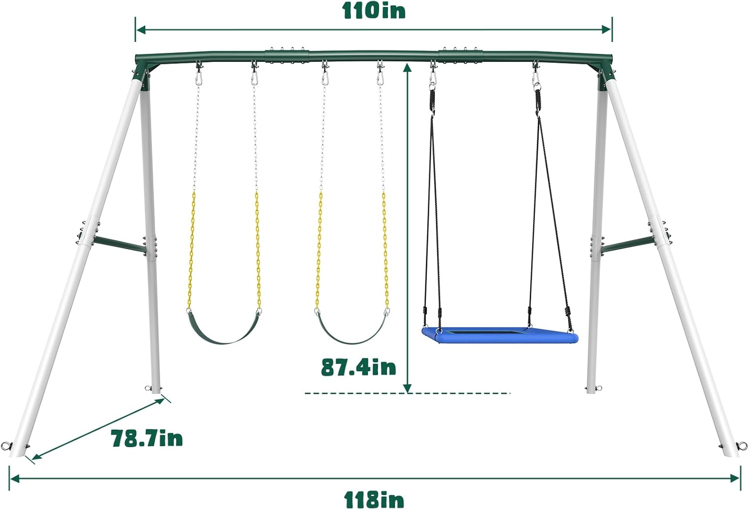 Hapfan 7.3ft Heavy Duty Swing Set with 3 Swings, Metal Frame