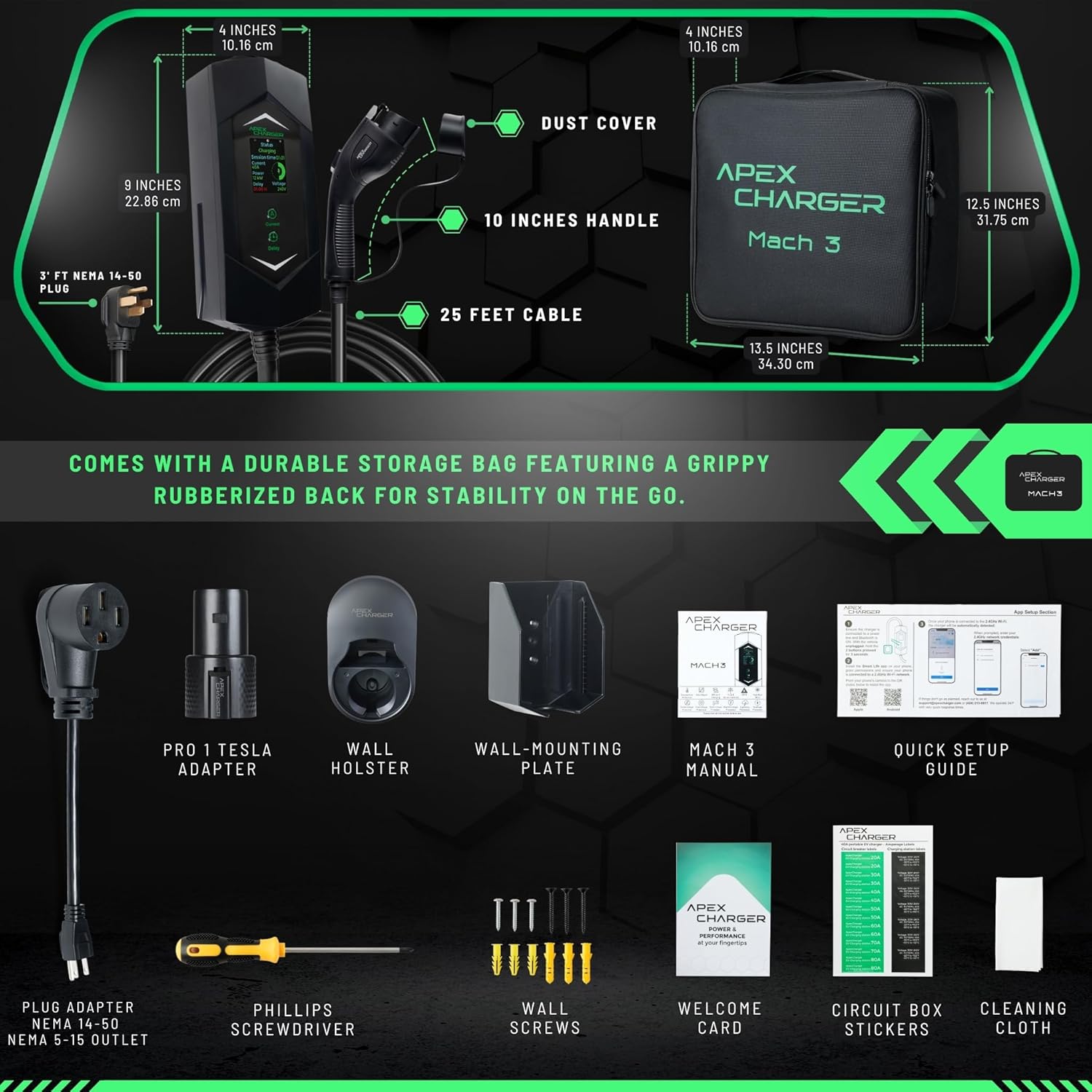 MACH 3 Portable EV Charger, 40A, Level 1&2, NEMA 14-50, 25ft Cable